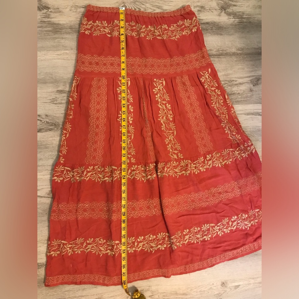 Hale Bob Regan Maxi Skirt Embroidered Rayon Crinkle Gauze Sz. Small Coral & Gold - Picture 12 of 14
